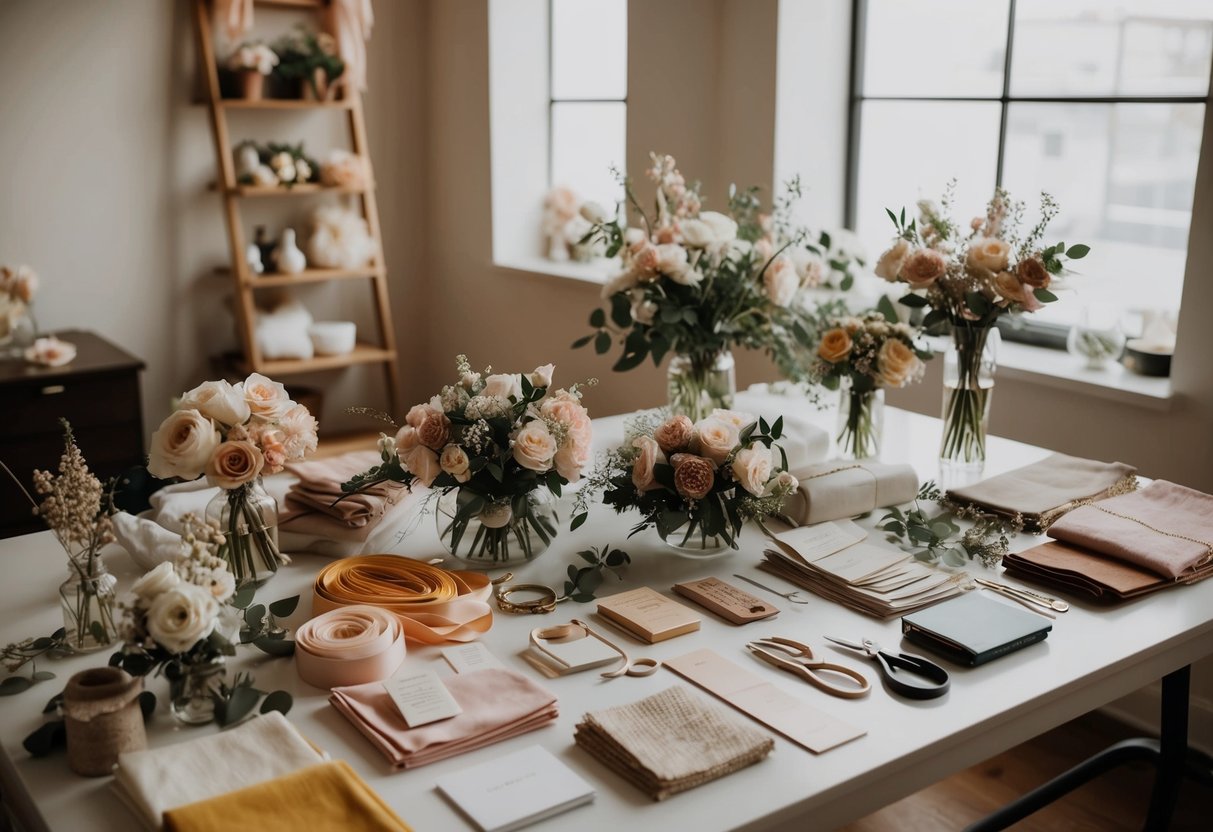 A wedding stylist's tools and supplies spread out on a table, including fabric swatches, ribbons, flowers, and decorative elements
