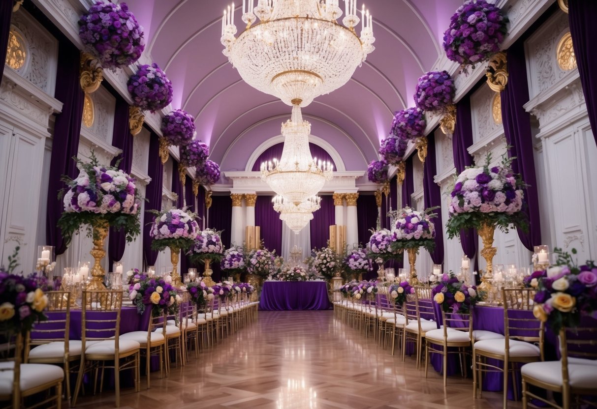 A grand hall adorned in regal purple, gold, and white decor, with opulent floral arrangements and shimmering chandeliers