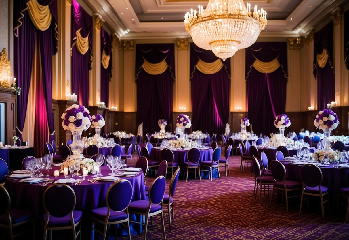 A grand ballroom adorned with rich purple, gold, and crimson decorations for a royal wedding