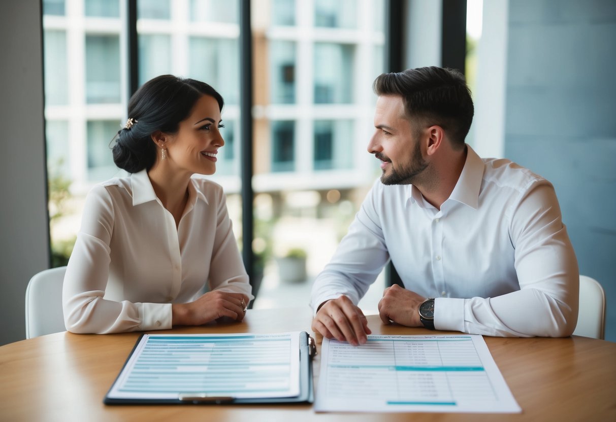 A couple sits at a table with a budget spreadsheet and a list of potential wedding guests, contemplating their choices