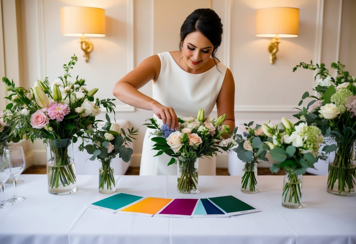A wedding stylist arranging floral centerpieces and selecting color swatches for a UK wedding venue