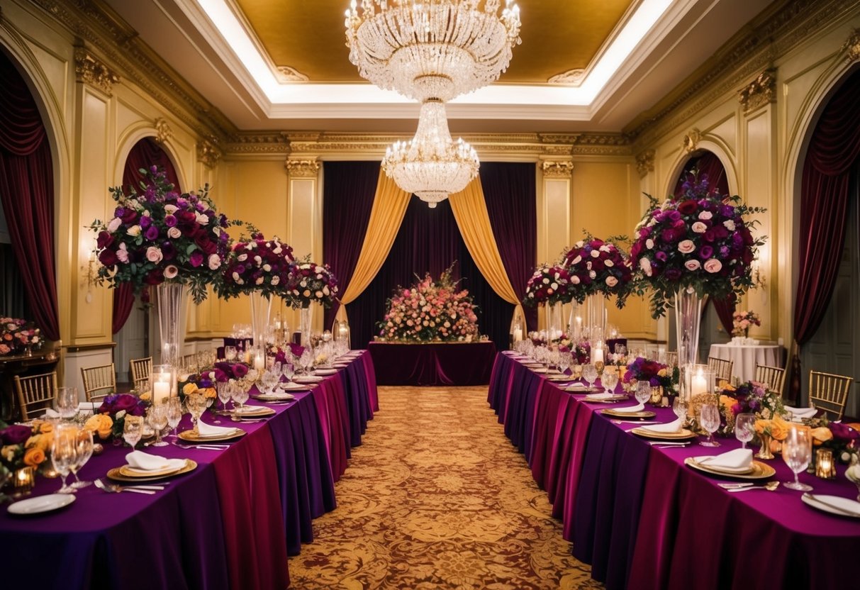 A grand ballroom adorned with rich shades of gold, deep purple, and crimson, with opulent floral arrangements and luxurious fabrics