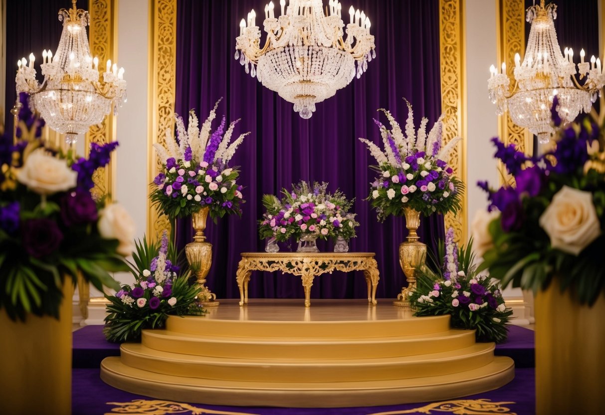 A regal scene with opulent gold and deep royal purple decor, adorned with intricate floral arrangements and sparkling chandeliers