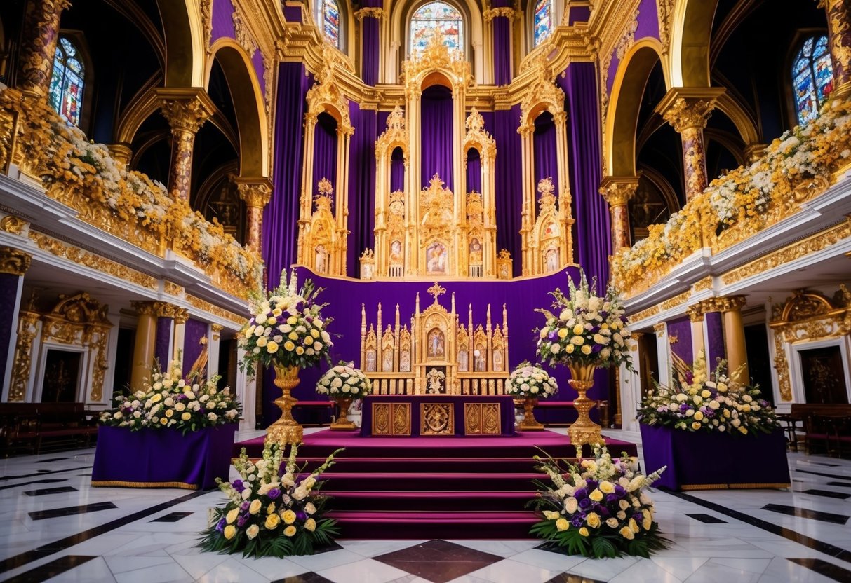 A grand cathedral adorned in regal hues of gold and deep purple, with opulent floral arrangements and ornate golden accents