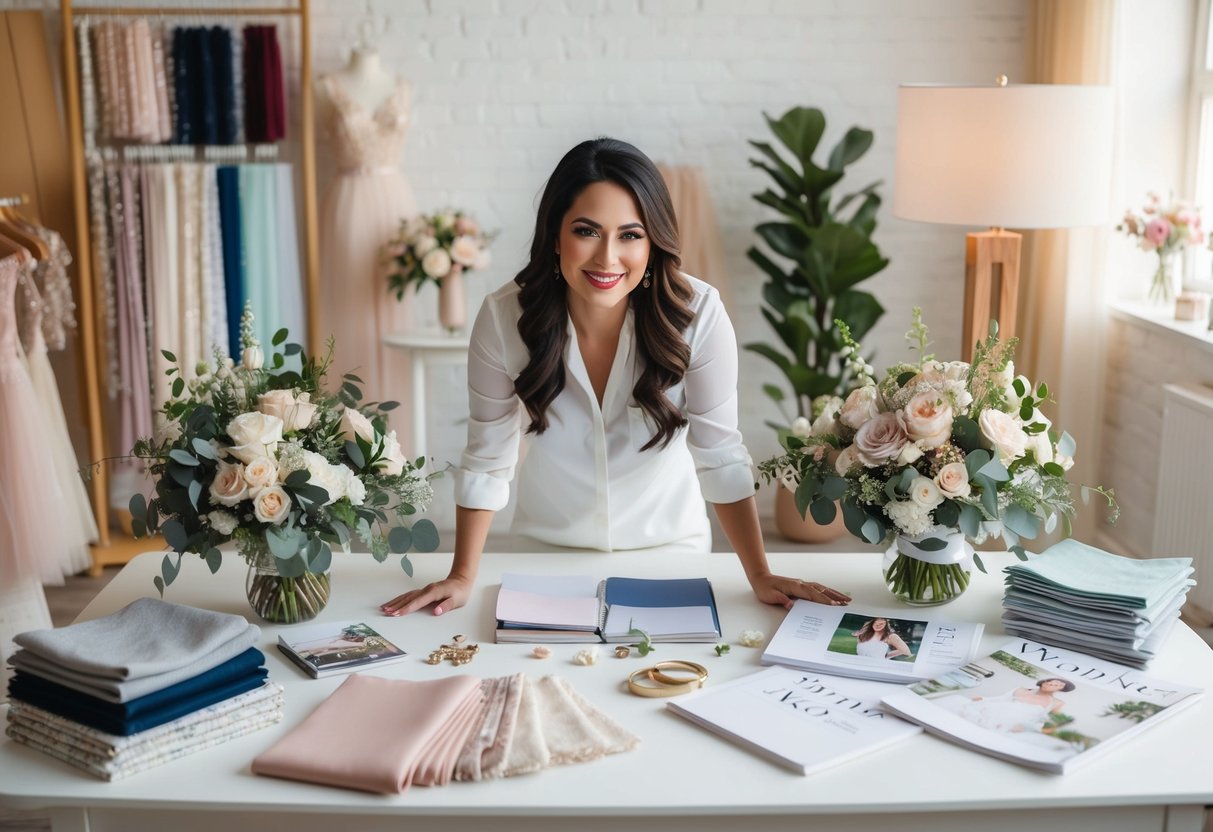 A wedding planner surrounded by fabric swatches, floral arrangements, and bridal magazines in a cozy studio