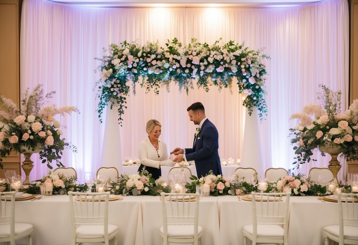 A wedding planner organizing a grand reception with floral arrangements, elegant table settings, and a stunning backdrop
