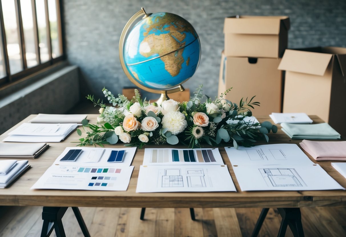 A table covered in wedding design sketches, fabric swatches, and floral arrangements, with a globe and shipping boxes nearby