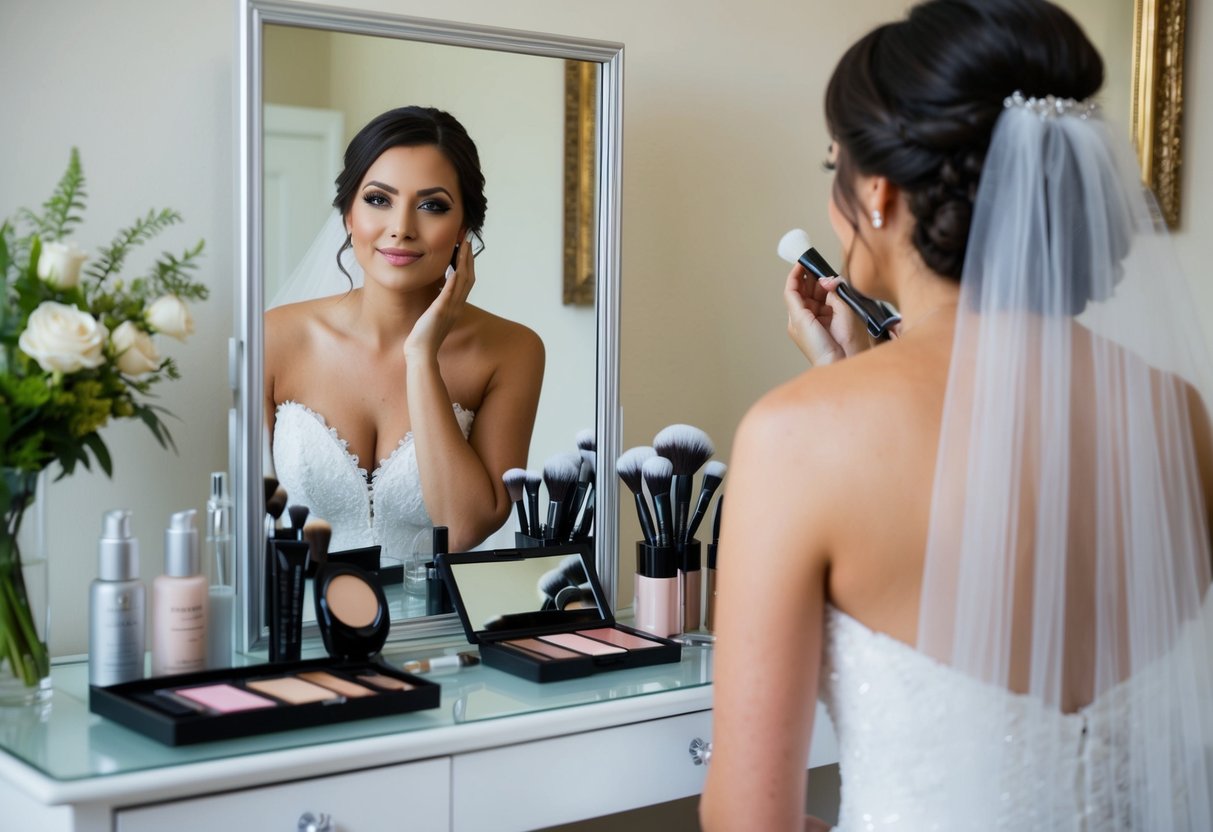 A bride admiring her natural beauty in a mirror, surrounded by various makeup products and brushes on a vanity table