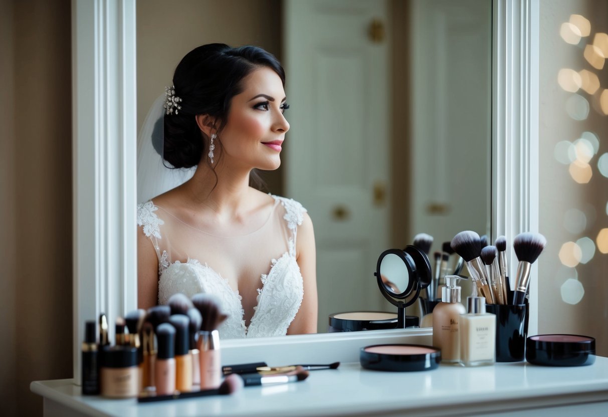 A bride sitting at a vanity, gazing into a mirror with a contemplative expression, surrounded by various makeup products and brushes