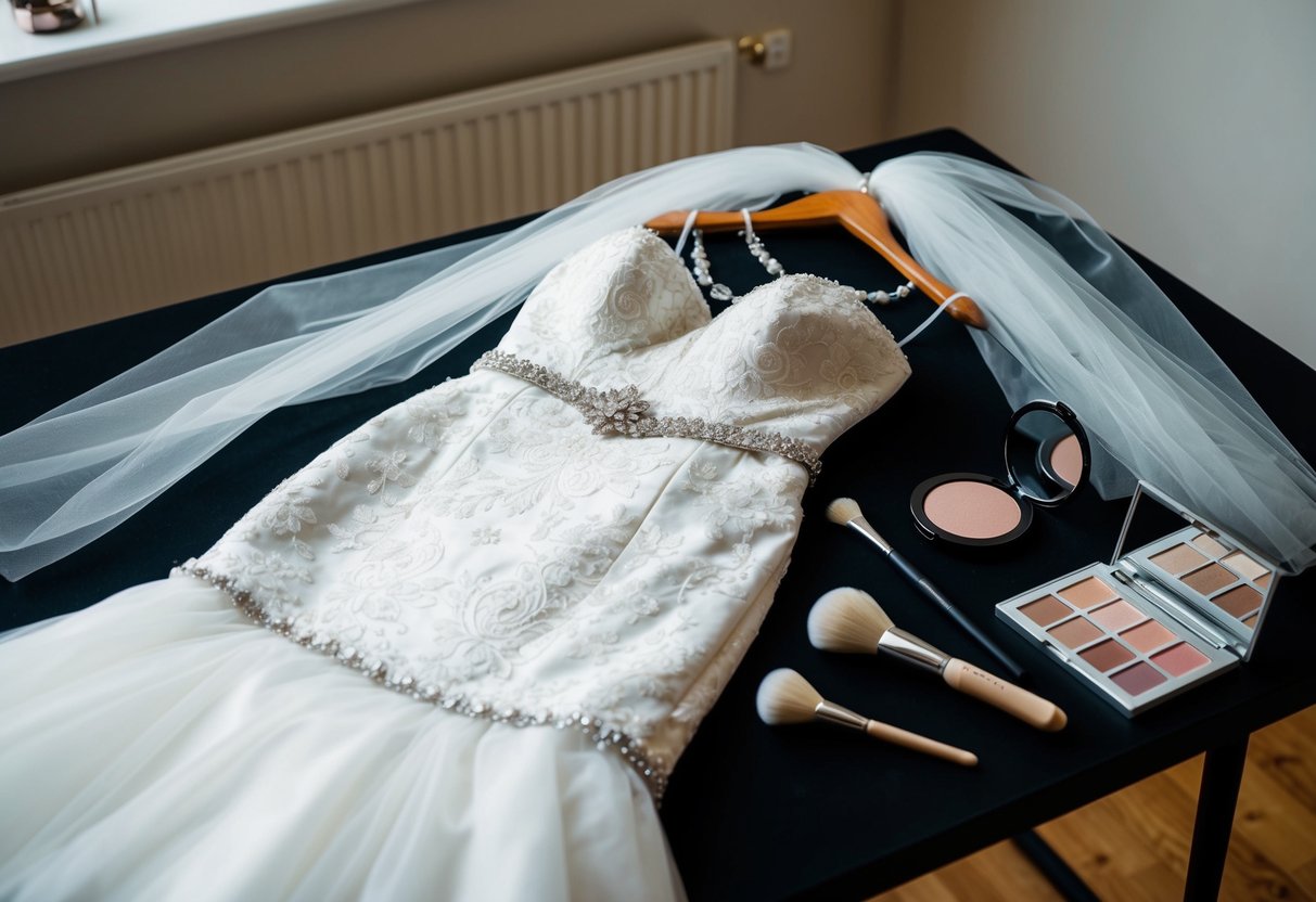 A bride's wedding dress, veil, and jewelry laid out on a table with a makeup palette and brushes nearby