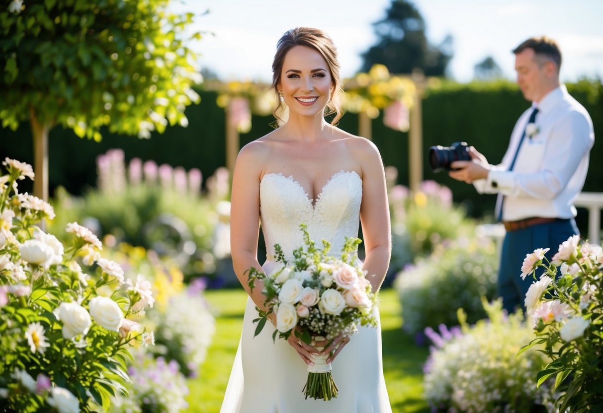 A bride stands in a sun-drenched garden, surrounded by blooming flowers and elegant decor. She smiles as the photographer captures her natural beauty on her wedding day
