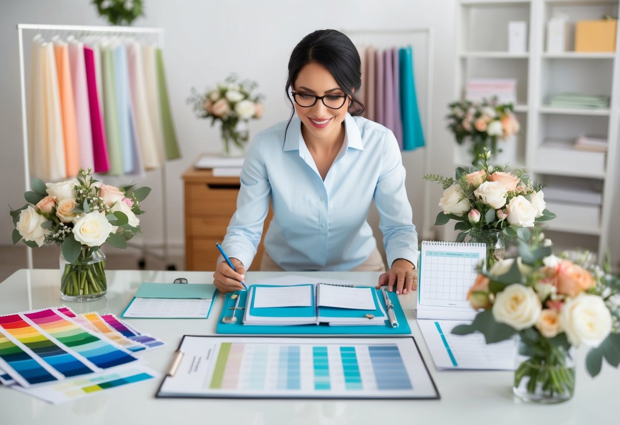 A busy wedding planner surrounded by color swatches, fabric samples, and floral arrangements, with a calendar and checklist on the desk