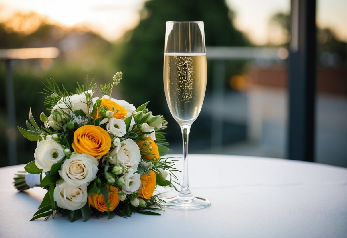 A bouquet of flowers and a champagne glass sit on a table