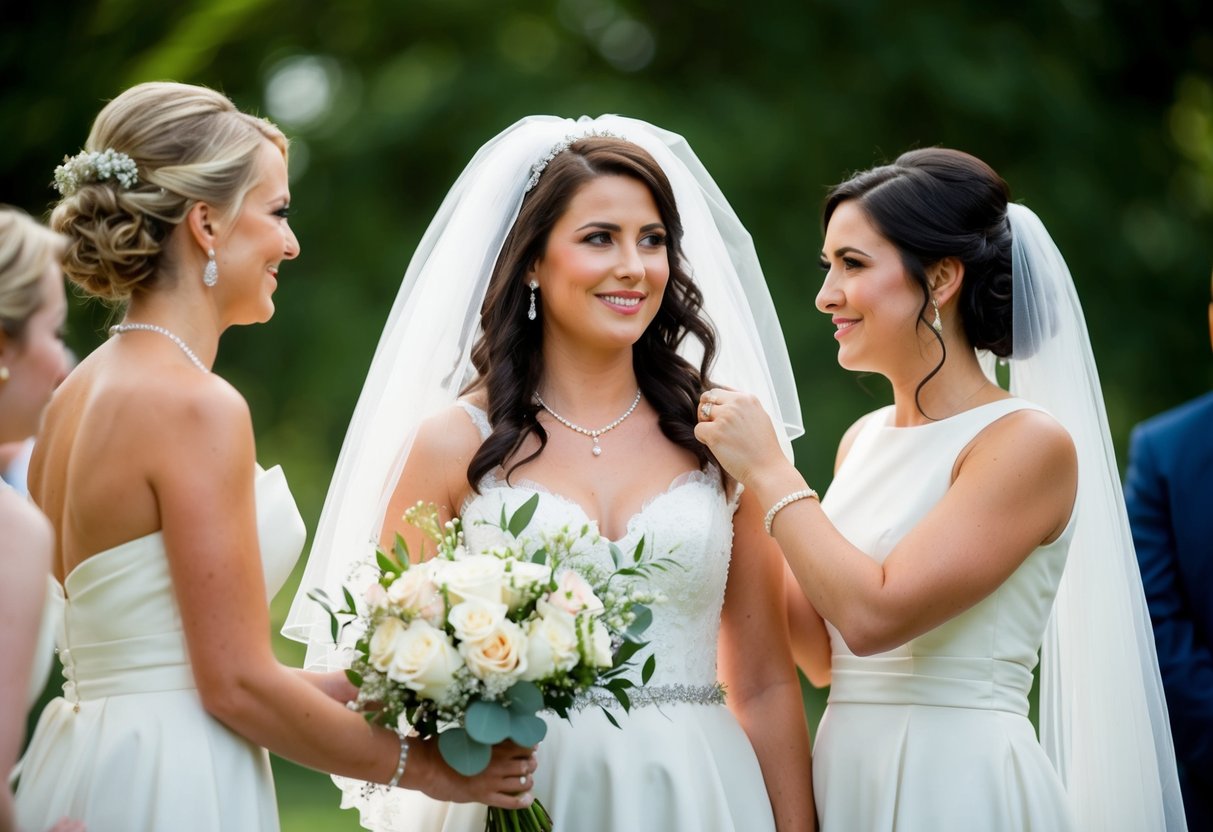 The maid of honor stands beside the bride, holding her bouquet and adjusting her veil. She offers support and assistance throughout the wedding day