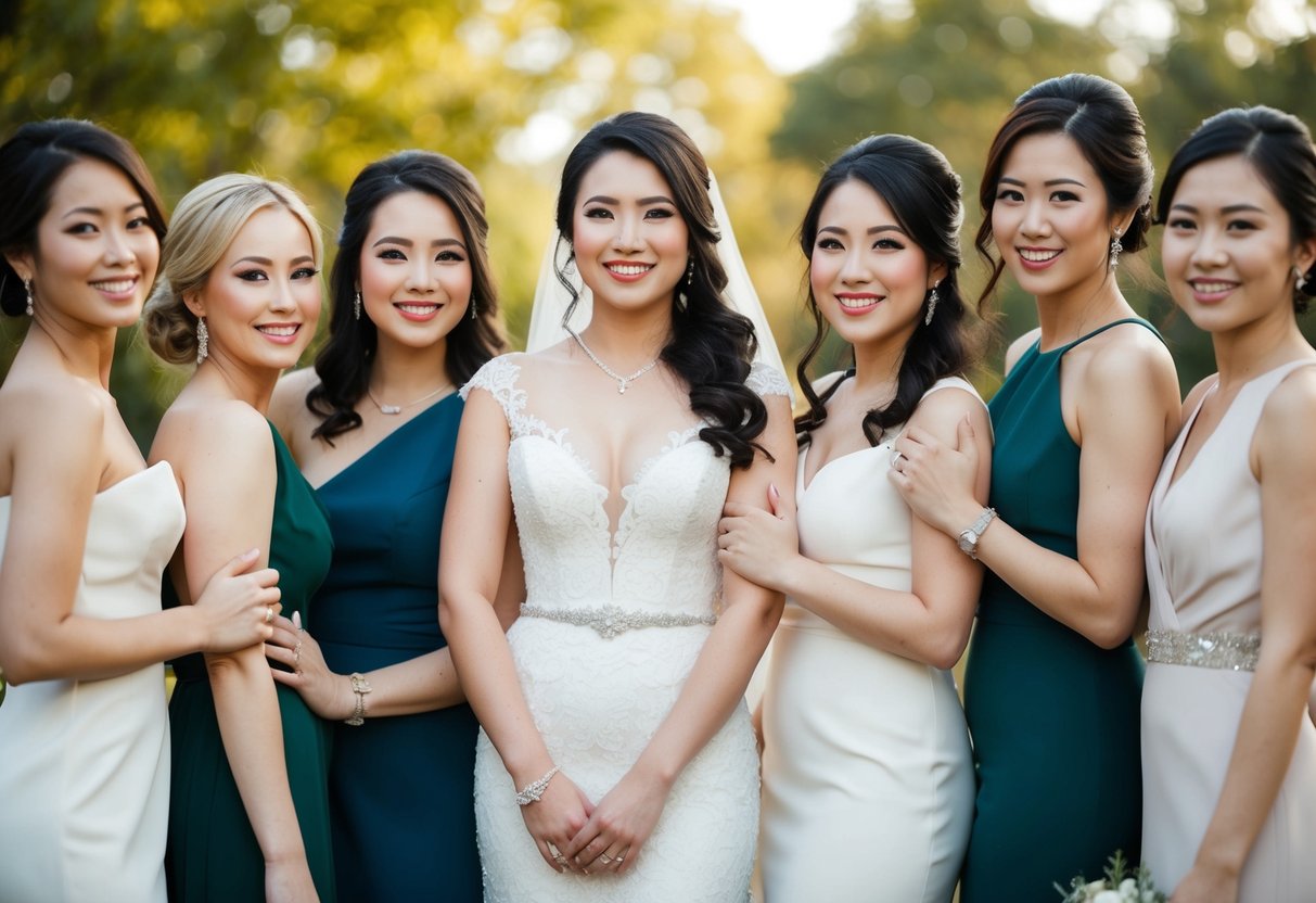 A group of women in elegant attire stand together, one woman stands out as the closest friend to the bride
