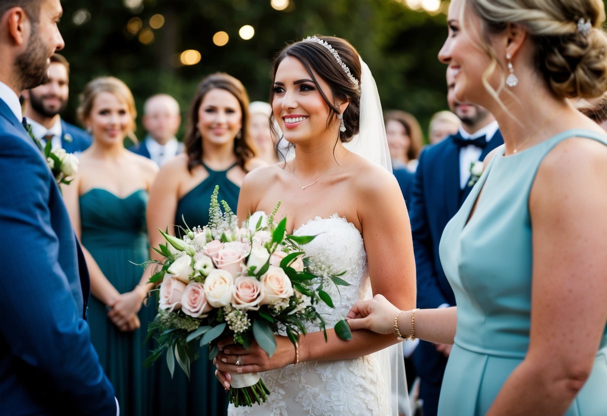 A bride's best friend holds her bouquet during the ceremony