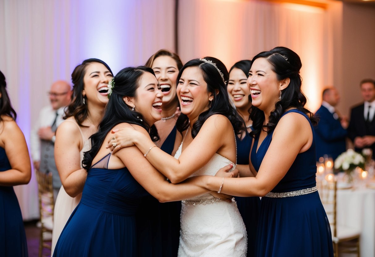 A group of women laughing and hugging at a wedding reception