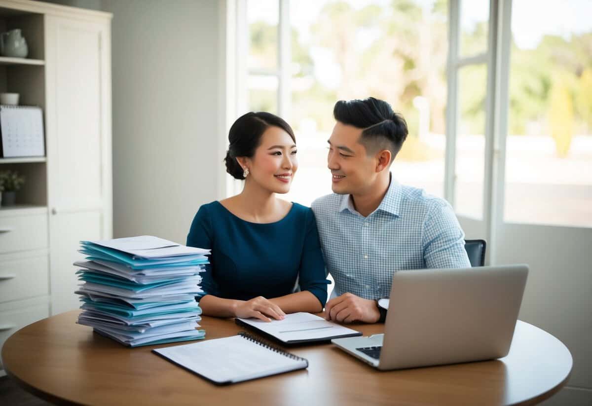 A couple sitting at a table with a stack of resumes, a laptop, and a calendar, discussing and reviewing potential wedding day coordinators