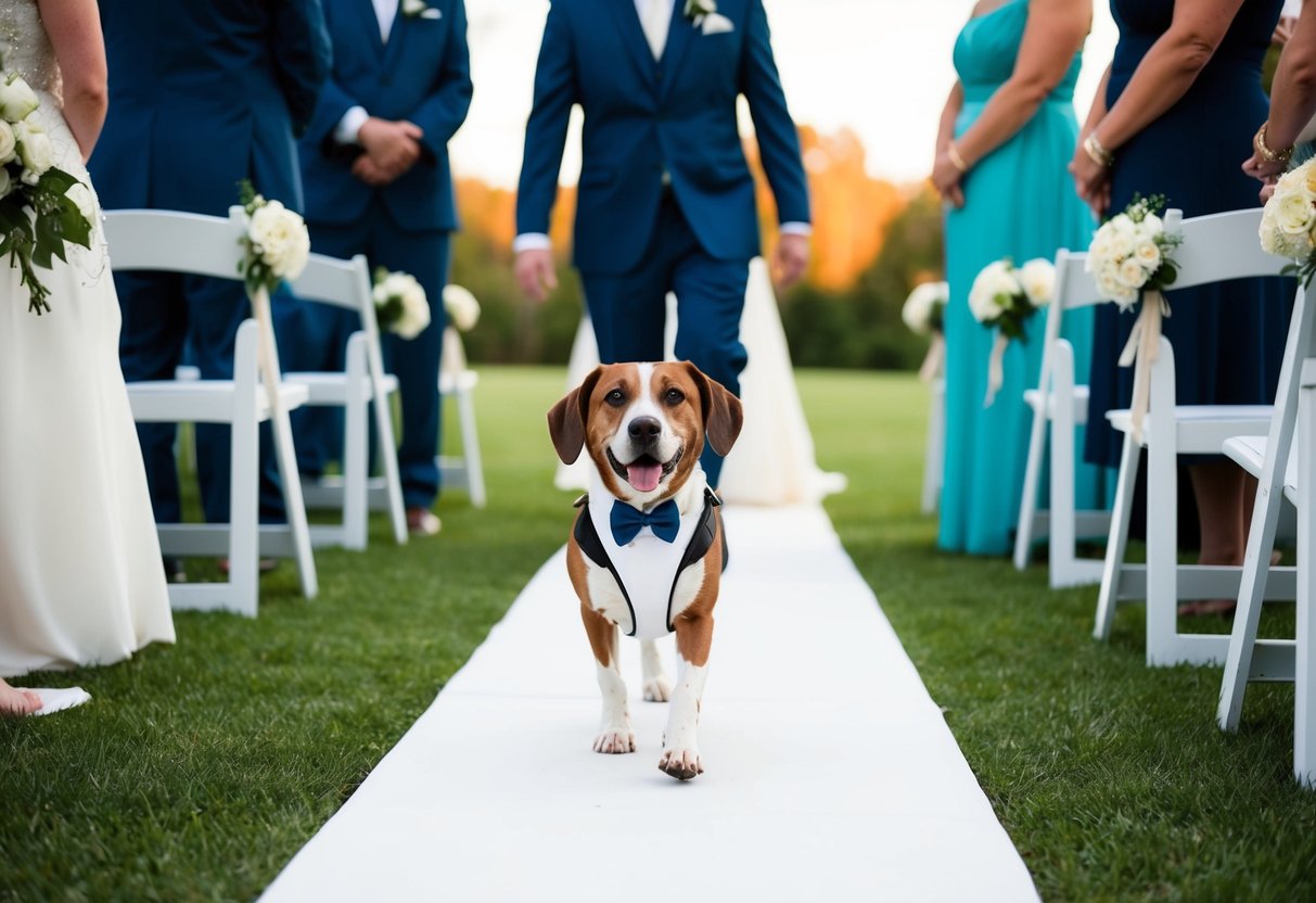 A pet dog walks a ring bearer down the aisle at a wedding