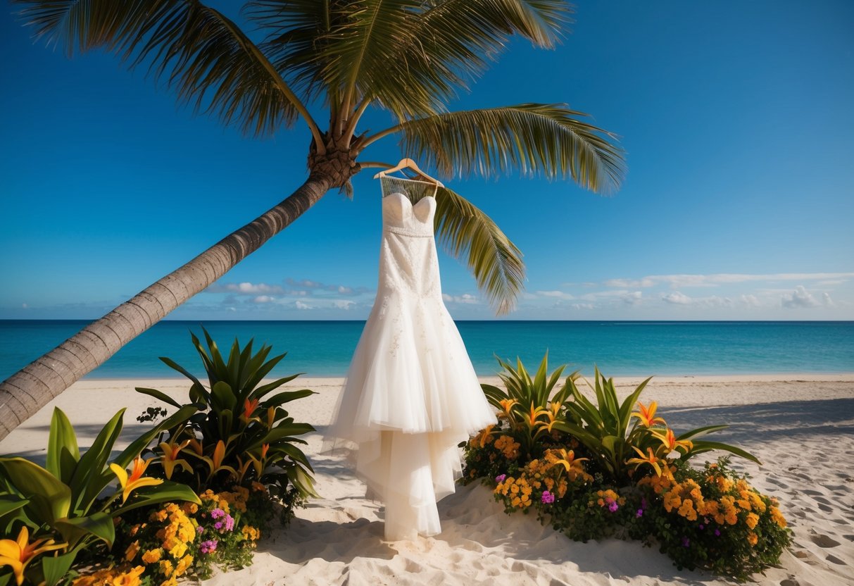 A sunny beach with a wedding dress hanging on a palm tree, surrounded by tropical flowers and a clear blue sky