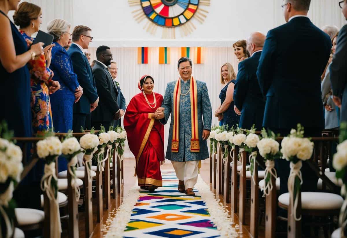 A figure leads another through a decorative aisle, surrounded by diverse cultural symbols and nontraditional elements