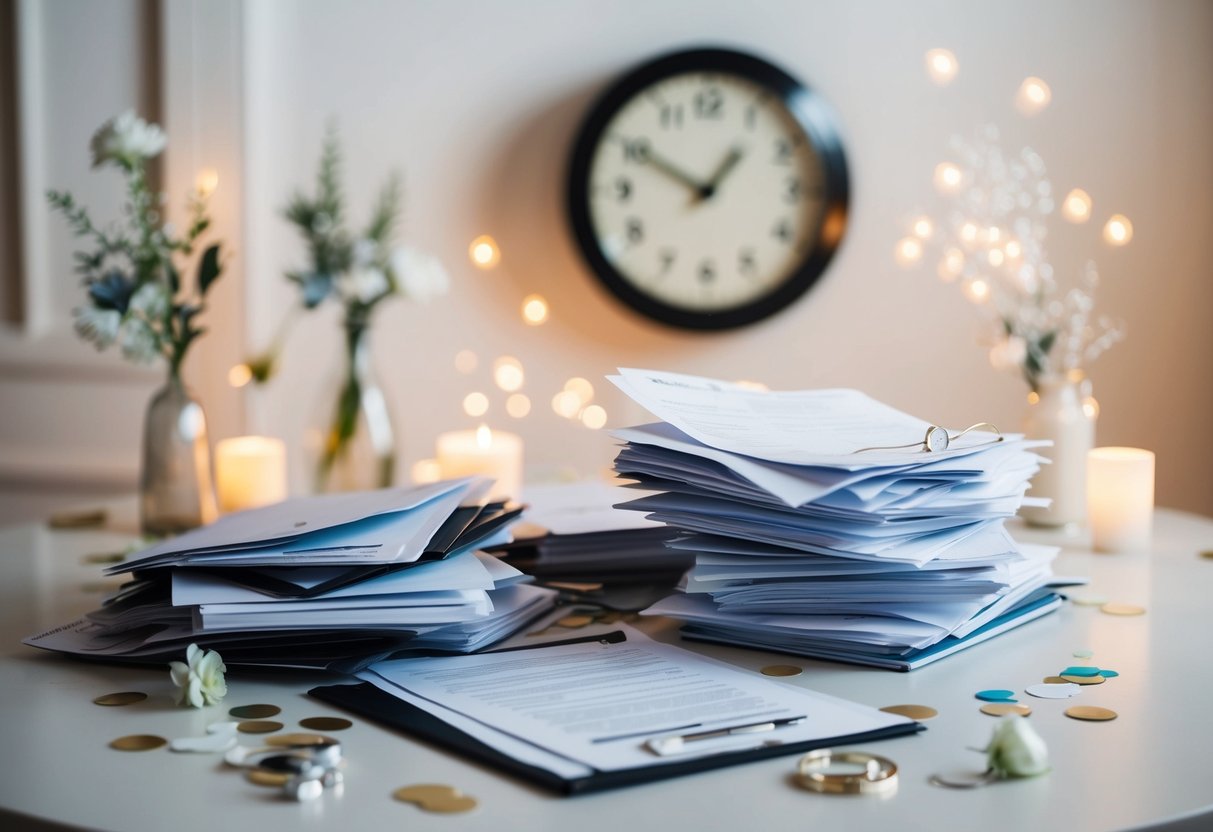 A disorganized pile of paperwork and scattered wedding decorations, with a clock ticking in the background