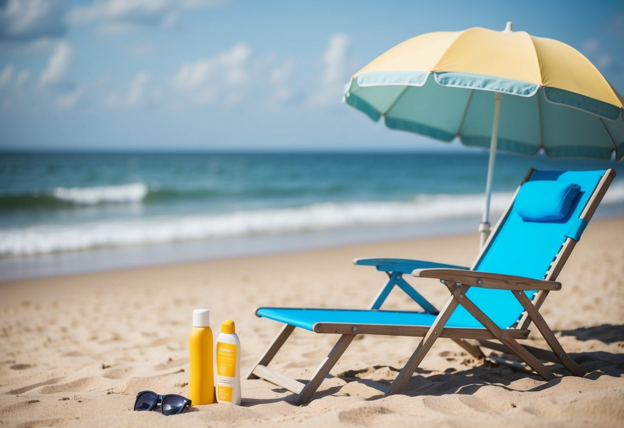 A beach chair and umbrella set up on a sandy shore, with a bottle of sunscreen and a pair of sunglasses nearby