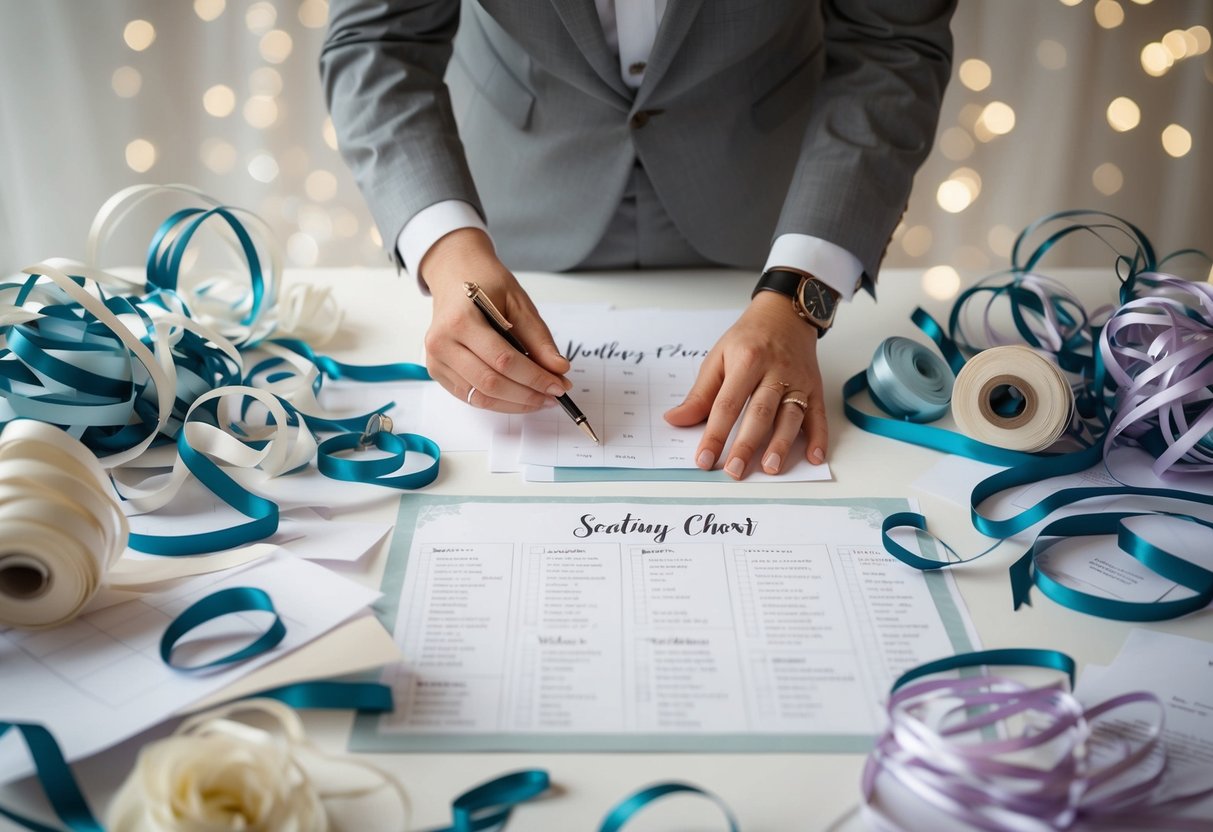 A wedding planner surrounded by tangled ribbons, scattered papers, and a chaotic seating chart