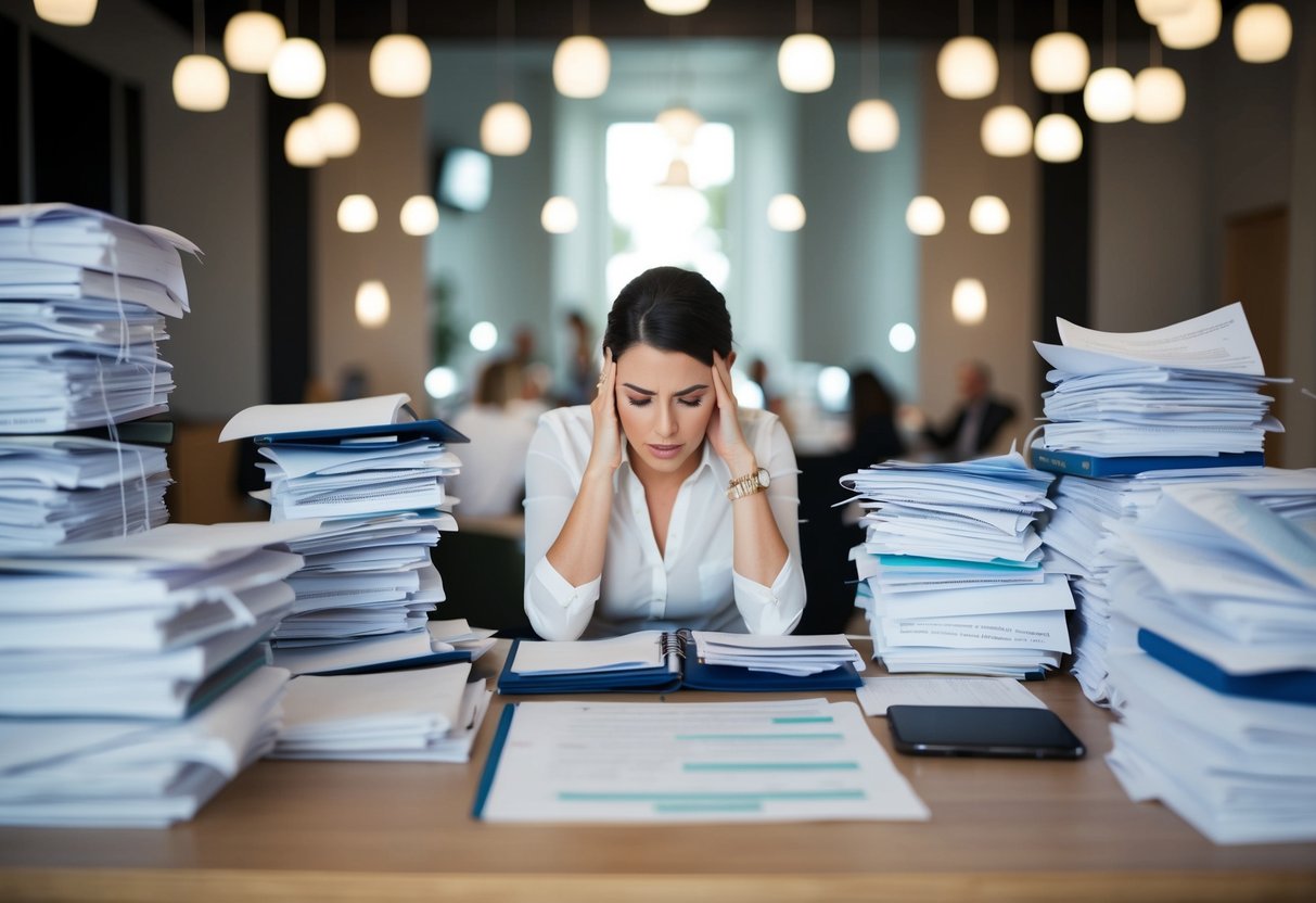 A wedding planner surrounded by piles of paperwork and a busy schedule, looking stressed and overwhelmed