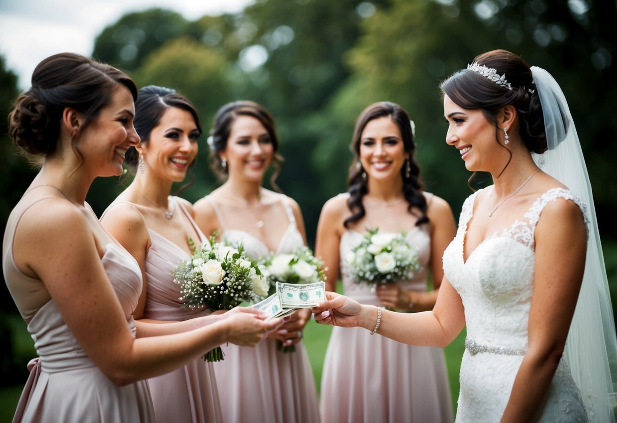 A bride handing money to her bridesmaids