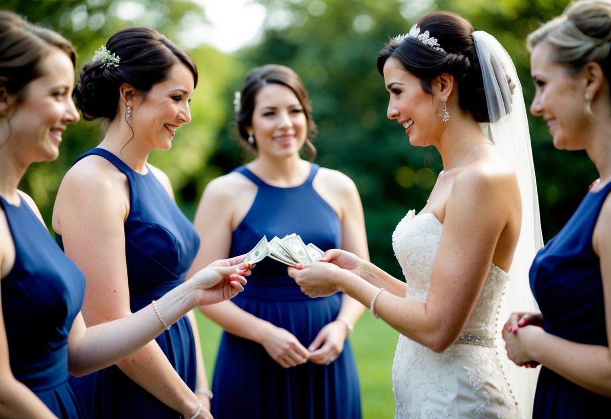 A bride handing over money to her bridesmaids for their expenses