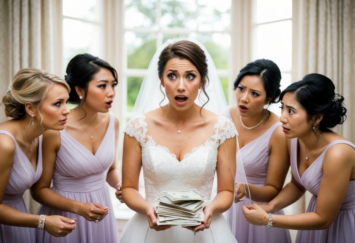 A bride surrounded by bridesmaids, with a stack of bills and a confused expression
