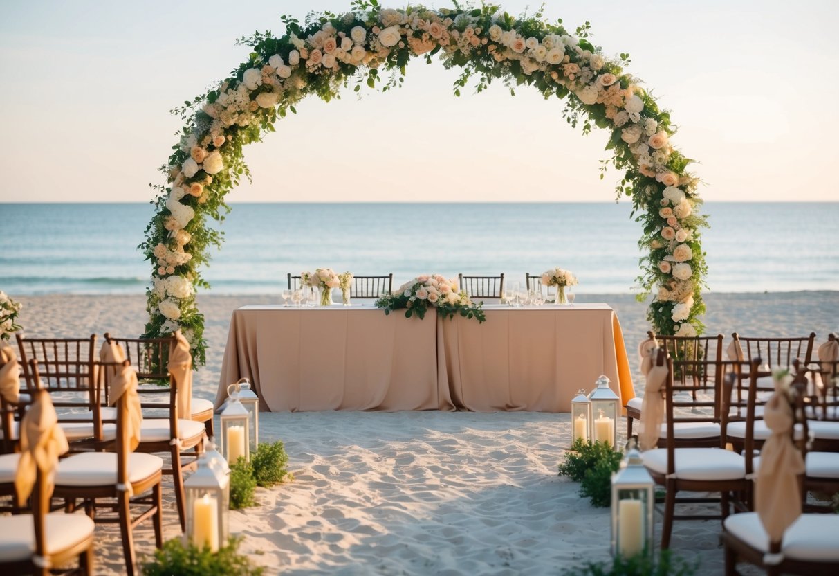 A picturesque outdoor wedding with a sandy beach setting, featuring elegant tan decor and attire