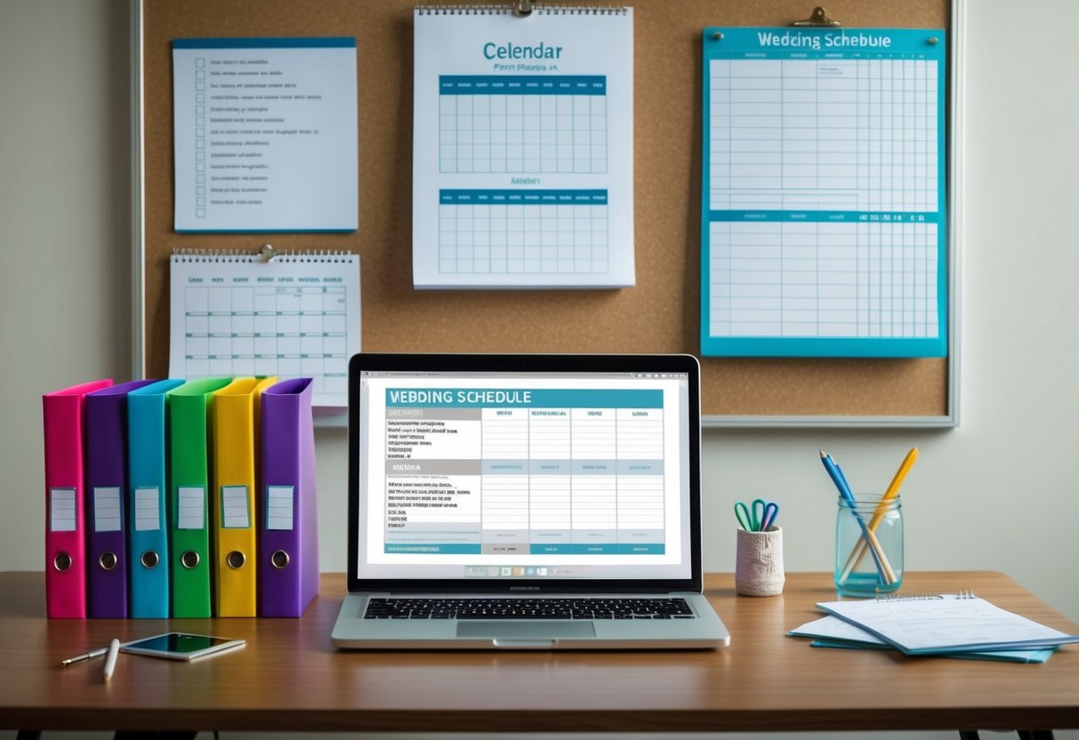 A desk with color-coded folders, a calendar, and a checklist pinned to a bulletin board. A laptop displaying a detailed wedding schedule