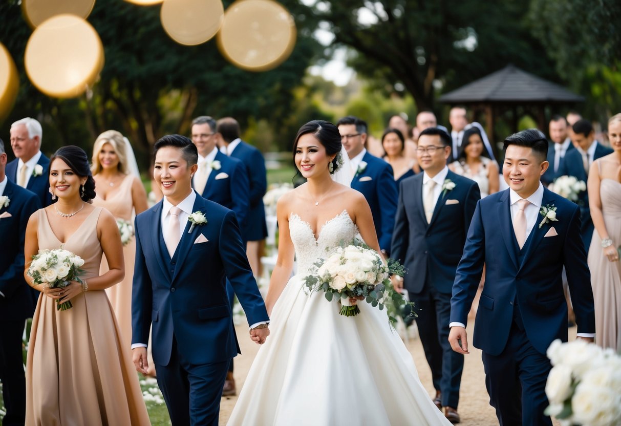 A wedding scene with guests dressed in formal attire, some in tans and neutrals, others in elegant gowns and suits