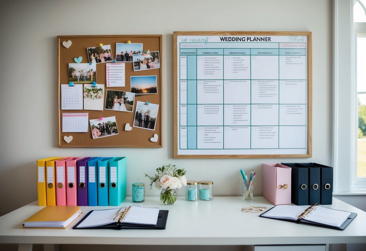 A wedding planner's desk with color-coded folders, a detailed calendar, and a bulletin board filled with inspiration photos and checklists