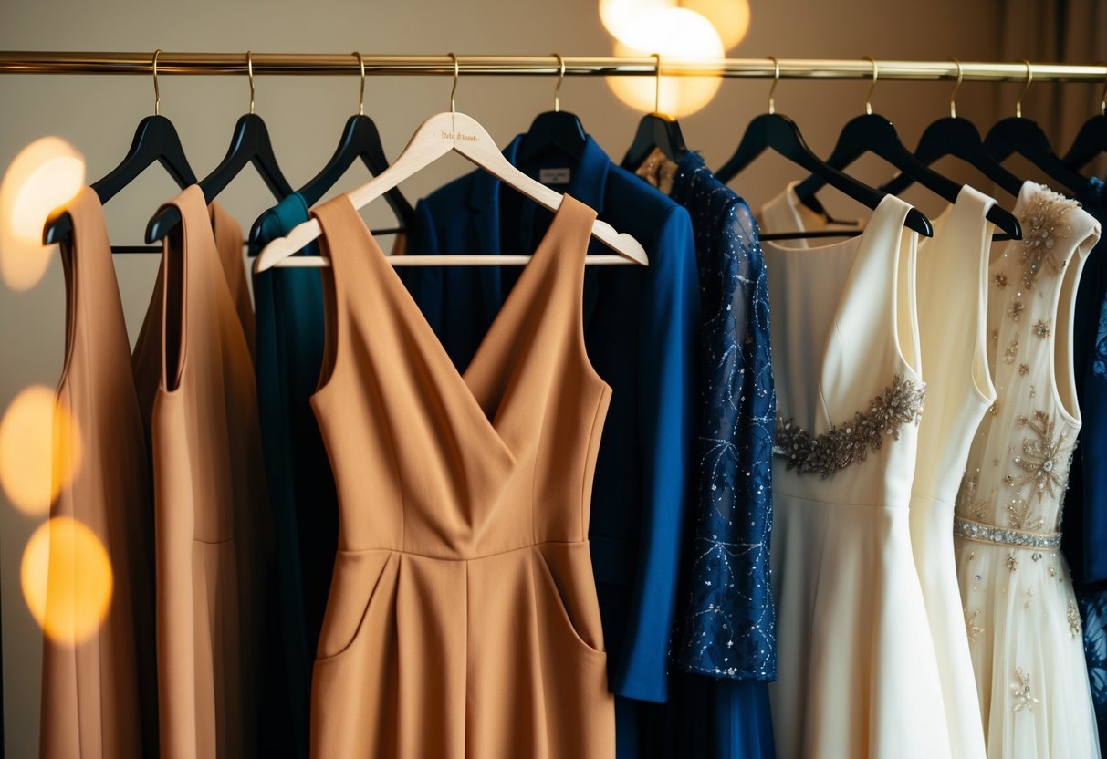 A tan outfit hangs on a clothing rack, surrounded by elegant dresses and suits. A soft, warm light illuminates the fabric, casting a gentle glow