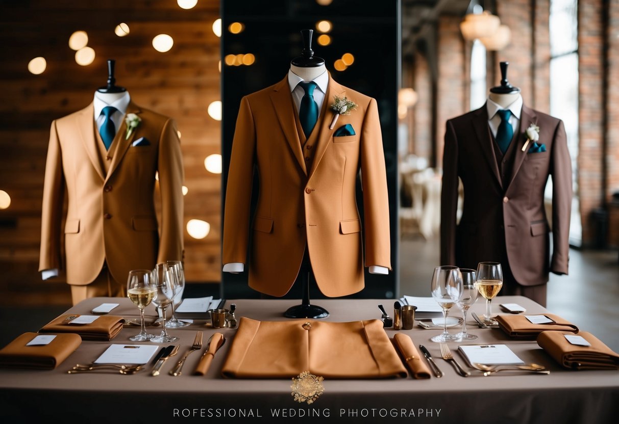 A tan attire displayed in various styles for different wedding settings