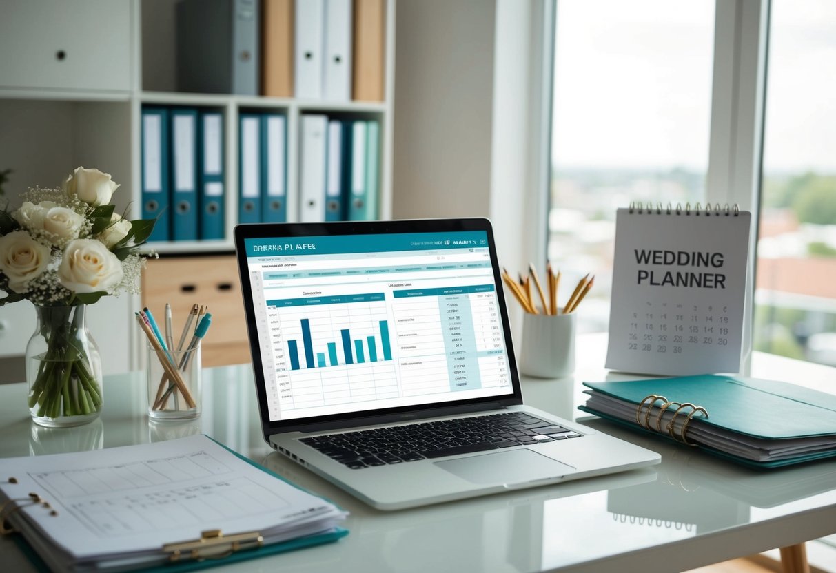 A wedding planner's desk with neatly organized folders, a calendar, and a laptop displaying financial spreadsheets