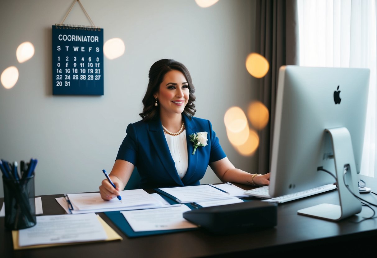 A wedding coordinator sits at a desk, surrounded by paperwork and a computer. A calendar with dates circled hangs on the wall