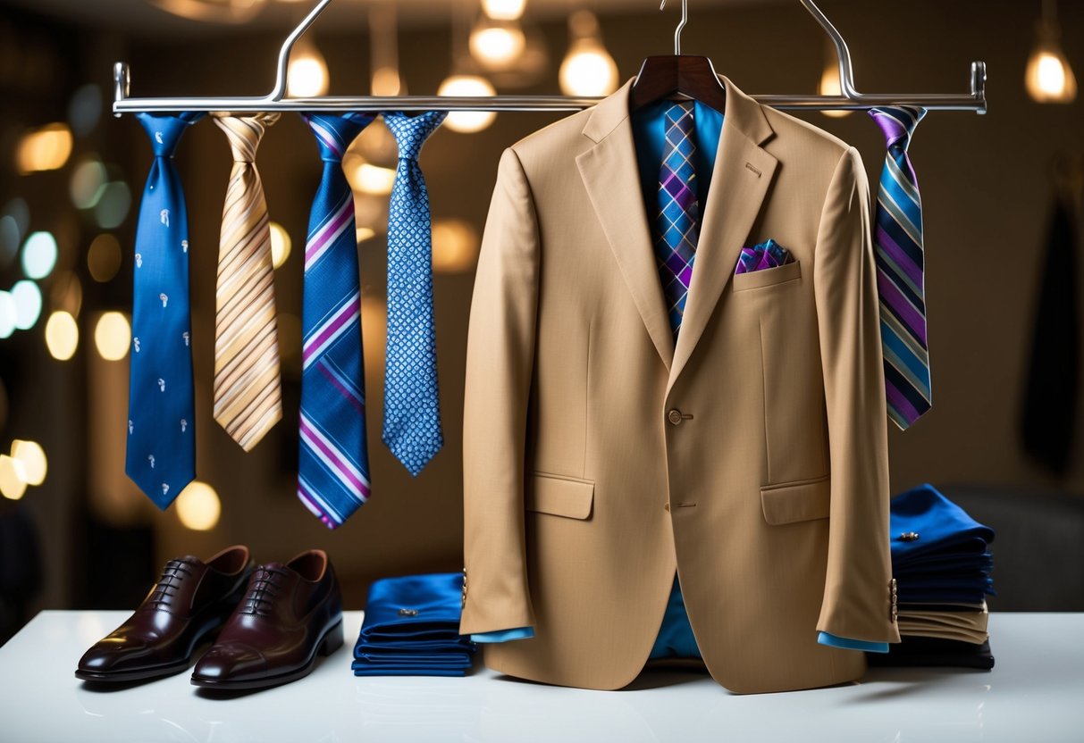 A elegant tan suit hangs on a hanger, surrounded by a selection of colorful ties and pocket squares. A pair of polished dress shoes sits nearby