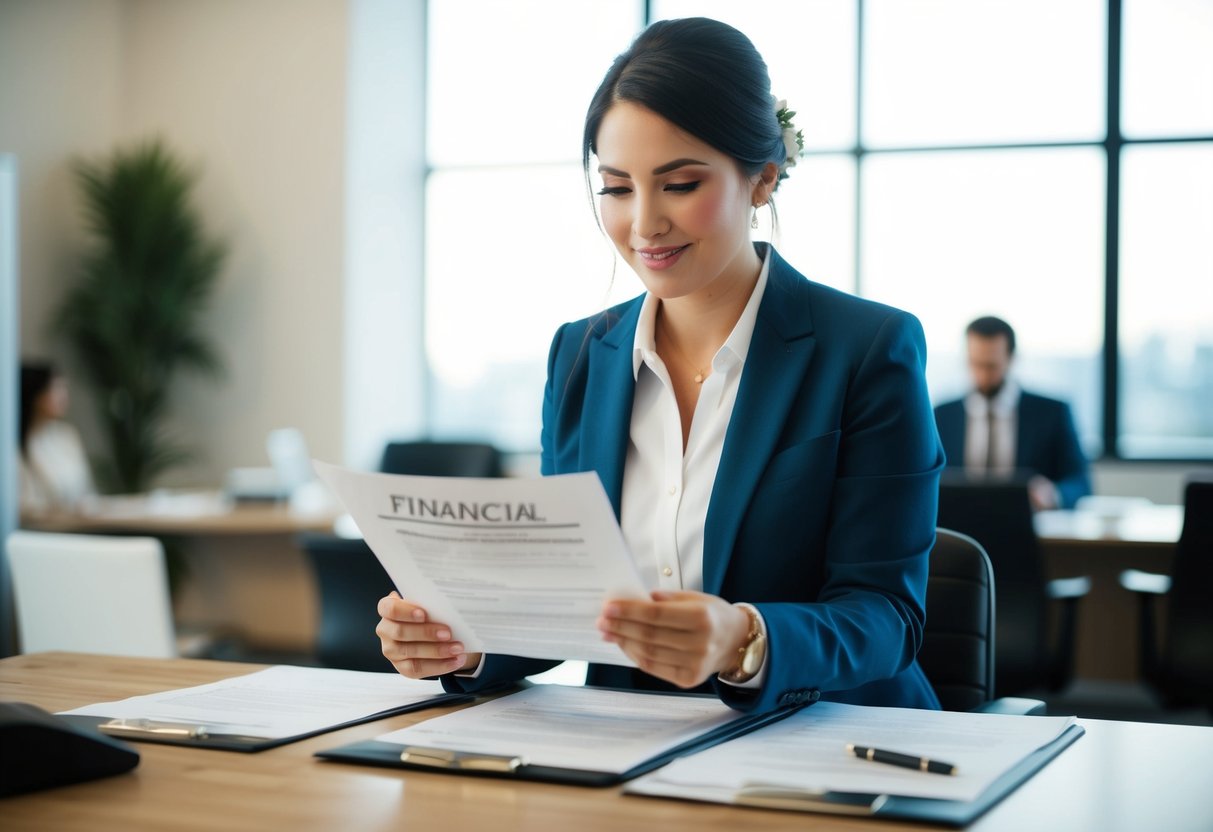 A wedding coordinator reviewing financial documents and contracts in an office setting