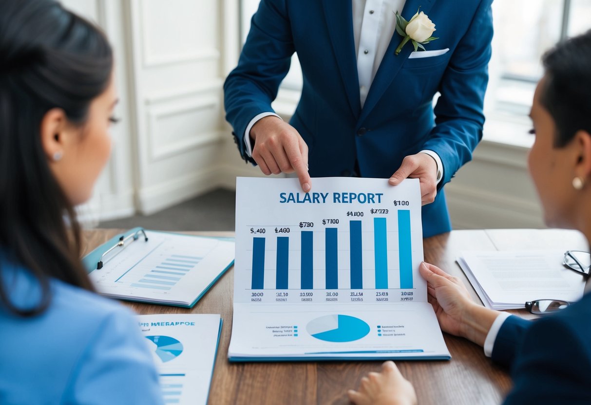 A wedding coordinator reviewing a salary report with a graph showing the average pay for the position in the UK