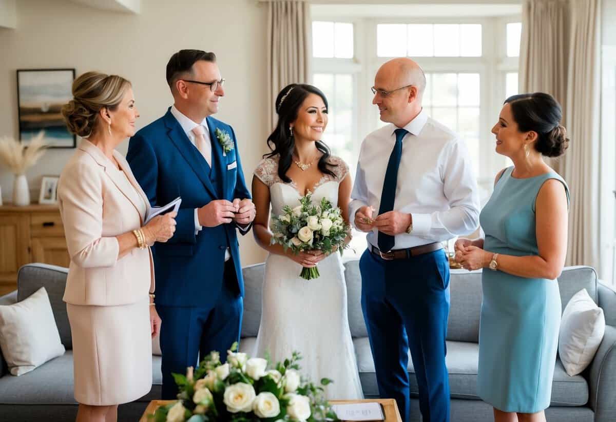 The groom's parents discuss wedding details with the couple and wedding planner in a cozy living room