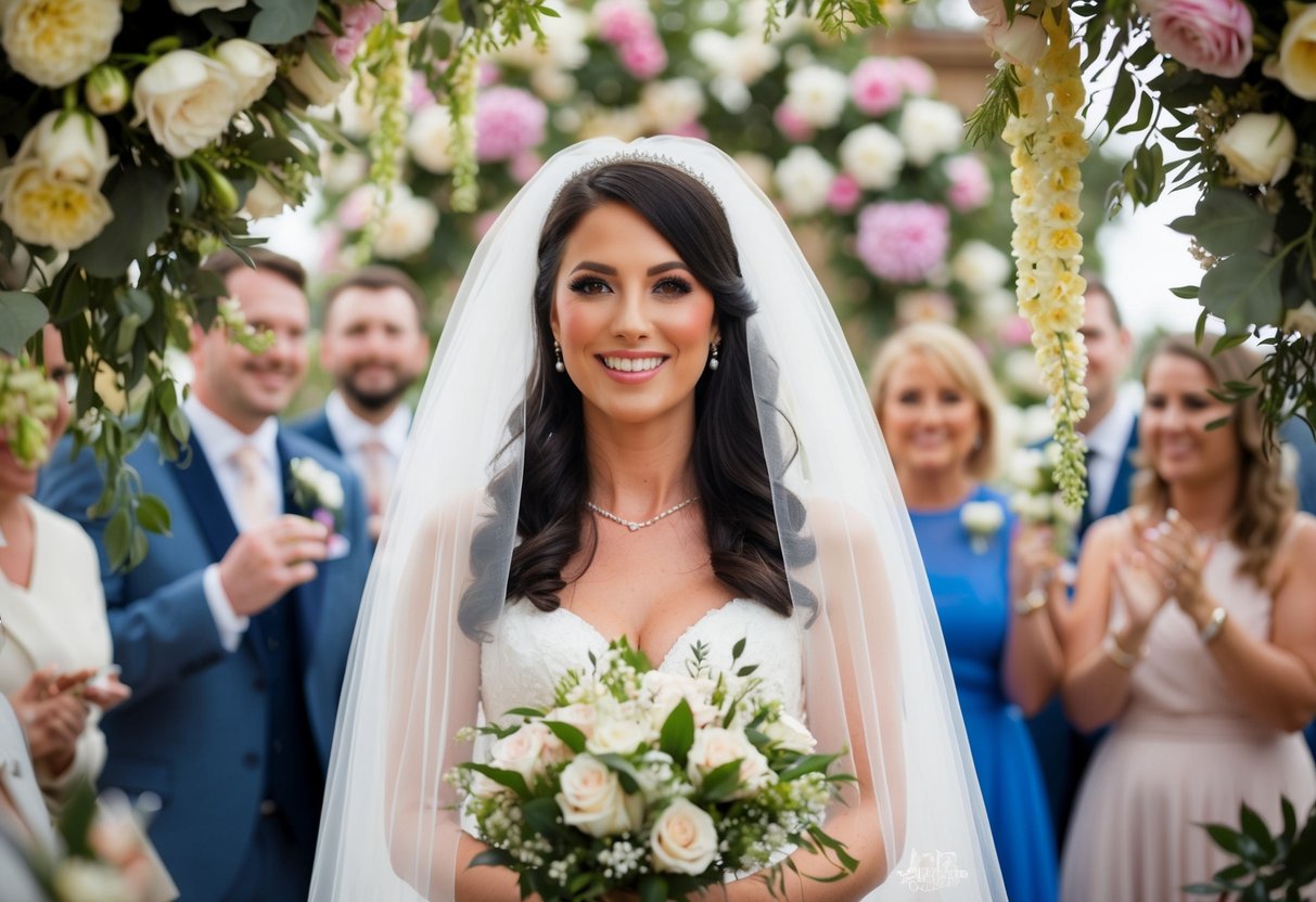 A newly married woman surrounded by flowers and wedding decorations, wearing a veil and holding a bouquet