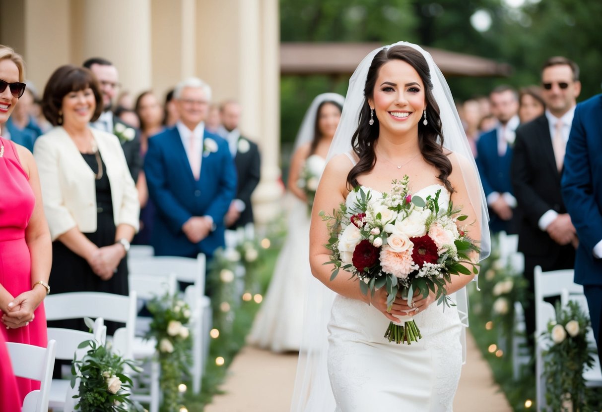 A bride holding a bouquet of flowers, smiling as she walks down the aisle