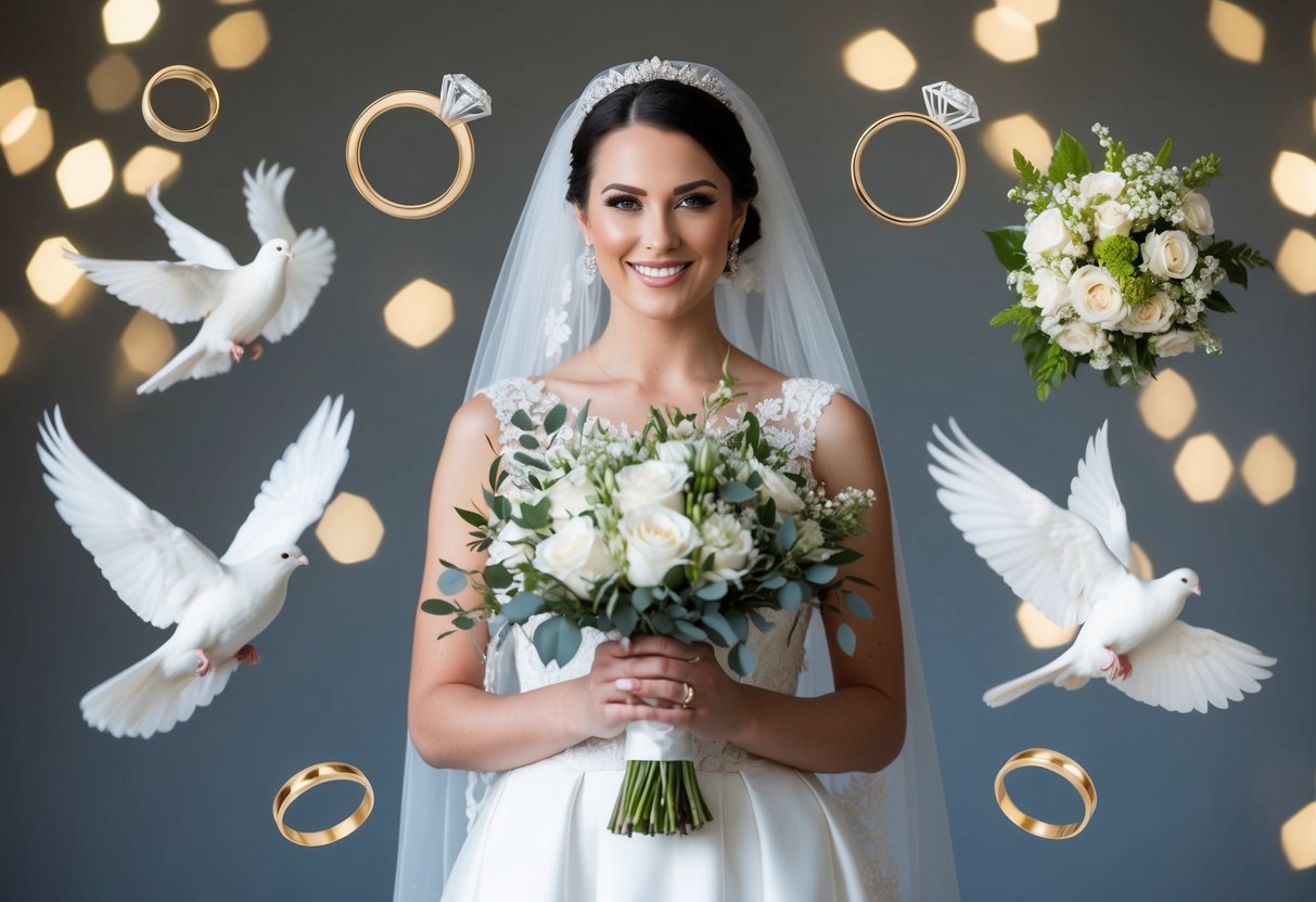 A bride holding a bouquet, surrounded by traditional wedding symbols such as rings, doves, and flowers