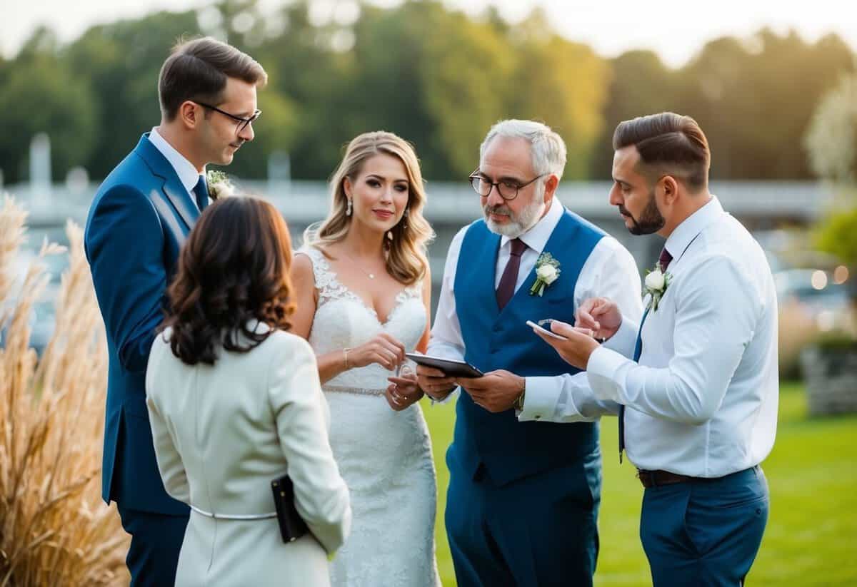 Groom's parents discussing wedding details with the couple and making plans together