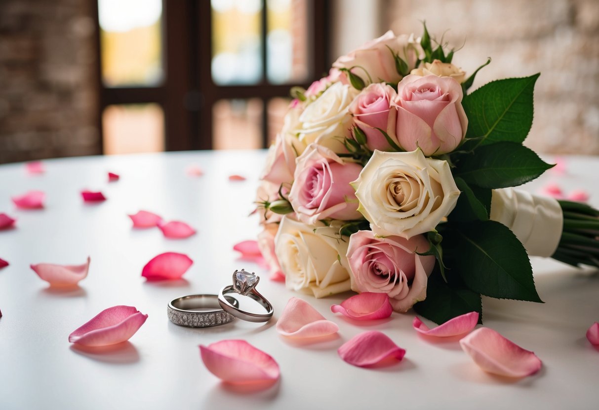A bride's bouquet lies on a table, surrounded by scattered rose petals and a pair of wedding rings