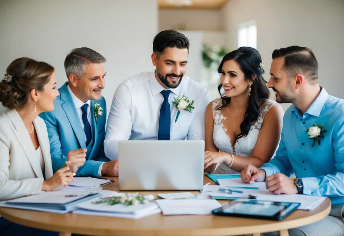 A couple discussing wedding details with their parents over a table filled with wedding planning materials and a laptop open to a wedding website